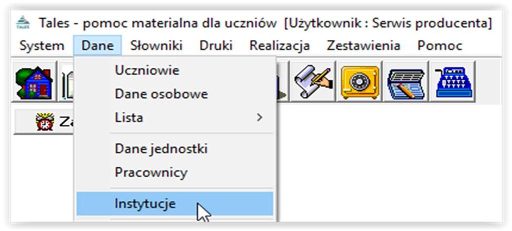 7. INSTYTUCJE W głównym menu DANE INSTYTUCJE mamy możliwość wprowadzenia danych instytucji, które będą przewijać się w