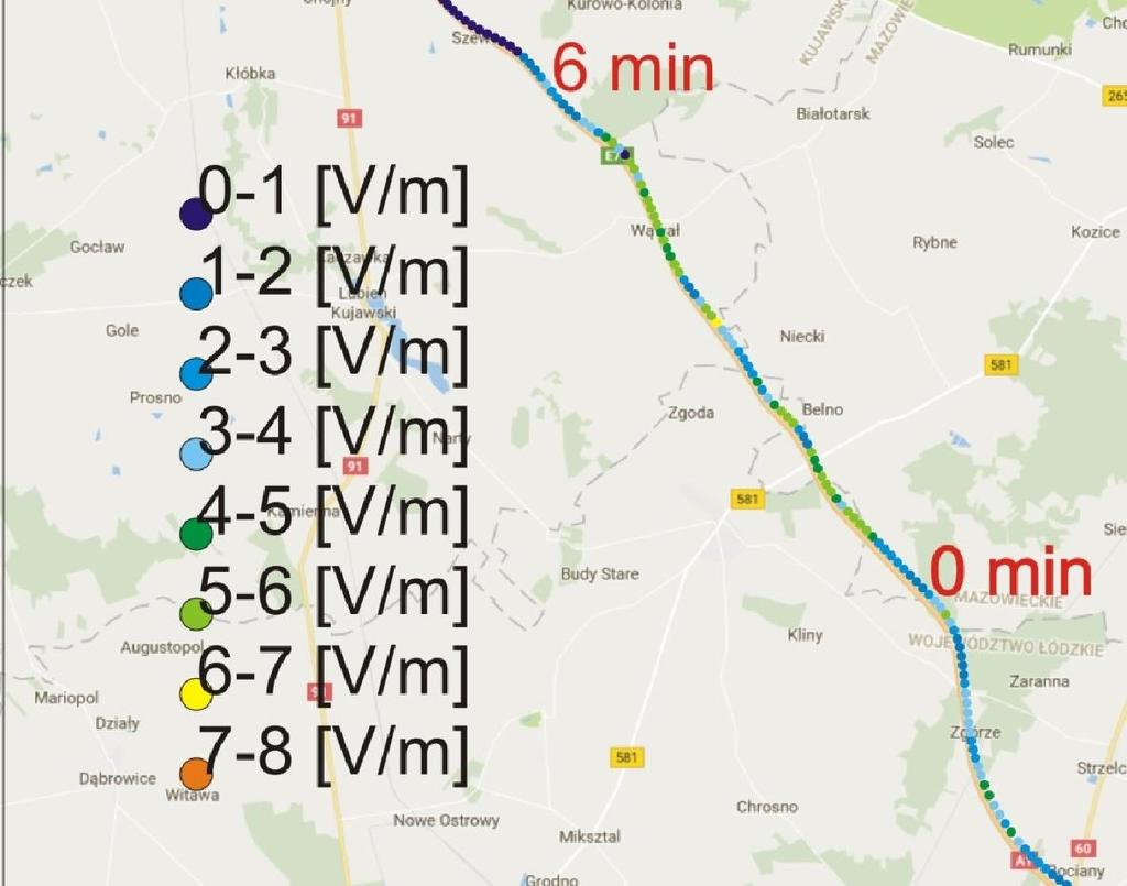 W czasie podróży rejestrowano natężenie pola elektrycznego co 5 sekund, uwzględniając dane lokalizacyjne GPS i czasowe w chwili pomiaru.