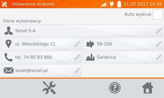 Klikając poszczególne pola można zmieniać dane wykonawcy pomiarów, które znajdą się na wydruku.