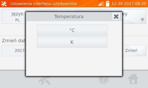 2.5.1 Wybór języka Kliknąć przycisk Język. Kliknąć przycisk z wybranym językiem. 2.5.2 Wybór jednostki temperatury Kliknąć przycisk Temperatura.