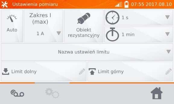 W razie potrzeby nadać nazwę punktu pomiarowego. Przełączanie Auto/Manual: Auto prąd pomiarowy jest ograniczony do wartości nie większej niż ustawiona, Manual prąd pomiarowy ma wartość ustawioną.