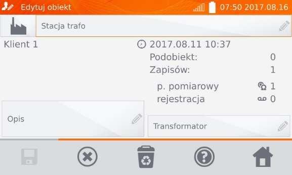 Aby skasować obiekt lub punkt pomiarowy/rejestrację, wejść do edycji