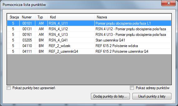 Obrazy synoptyczne 37 Z poziomu podręcznego menu można zarządzać listą pomocniczą punktów, dzięki poleceniom: Dodaj, Usuń, Zarządzaj oraz Usuń wszystkie.