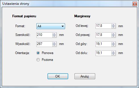 Raporty 83 Ilustracja 8.8: Format strony W zależności od wybranego rozmiaru strony zmienia się także zakres komórek, które będą widoczne na raporcie po wykonaniu.