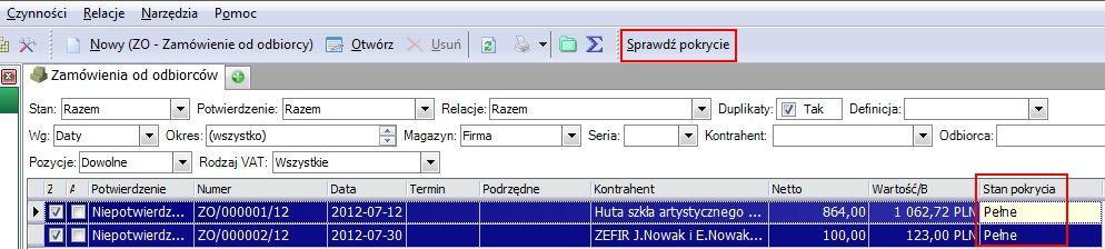 Ilość niezrealizowana (dla której sprawdzane jest pokrycie) w przypadku, gdy do zamówienia wygenerowane zostały dokumenty w rożnych relacjach (przykładowo ZO- >FPRO, ZO->FV) wyliczana jest z