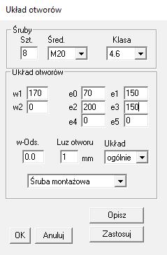 Przybliż element, aby widzieć istniejącą blachę węzłową i kliknij na jedną z obecnych w niej śrub. Pojawi się okno właściwości otworów, w którym należy zmienić następujące dane: Śruby: 8 śrub, M20, 4.