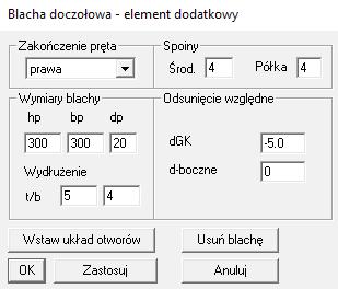 Teraz kliknij na krawędź górnej blachy. W oknie dialogowym zatytułowanym Blacha Doczołowa element dodatkowy zmień szczegóły odnośnie jej wymiarów: dp =20 Zatwierdź zmiany za pomocą OK.