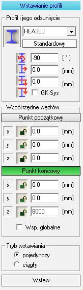 Wprowadź 8000 w oknie edycji Z dla Punktu końcowego i kliknij na Wstaw. Wprowadzony został pierwszy słup. Wprowadź w polu edycji Obrotu elementu [ ] 0 oraz 700 w polu Z punktu końcowego.