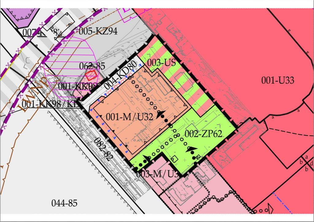 projekt planu 001-M/U32 teren zabudowy mieszkaniowousługowej, - 10586 m 2 002-ZP62 - zieleń urządzona - 6971 m 2 003-US - sport i rekreacja - 3956