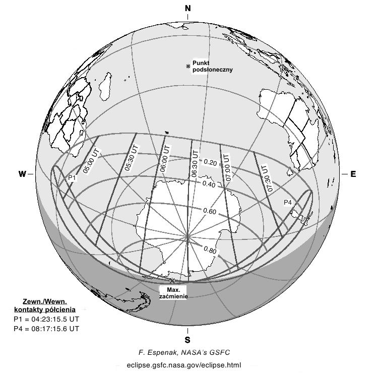 Zaćienie widoczne na cały obszarze Antarktydy i Oceanu Antarktycznego, jak również na południowy cyplu Afryki oraz na Tasanii i