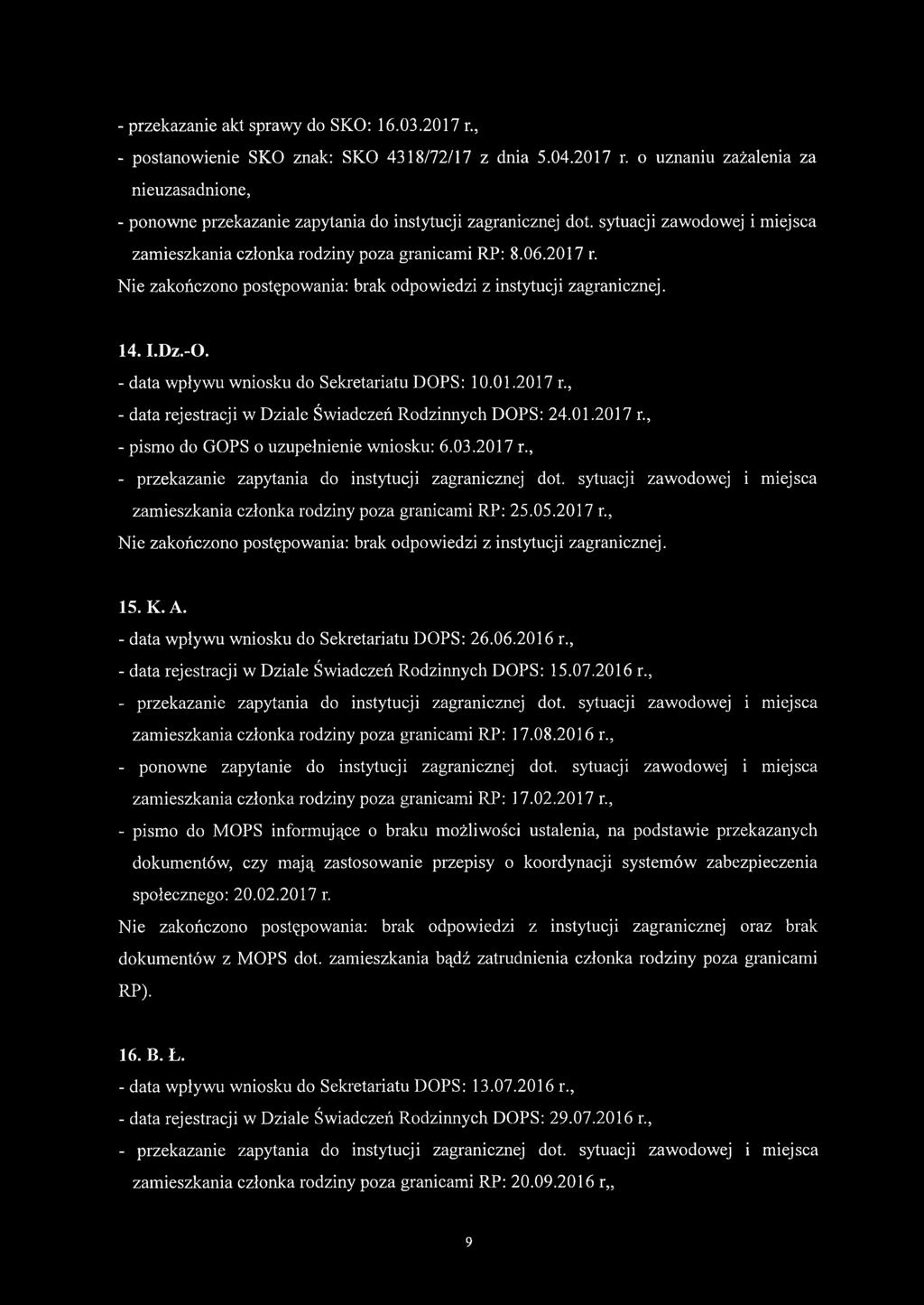 01.2017 r., - pismo do GOPS o uzupełnienie wniosku: 6.03.2017 r., - przekazanie zapytania do instytucji zagranicznej dot.