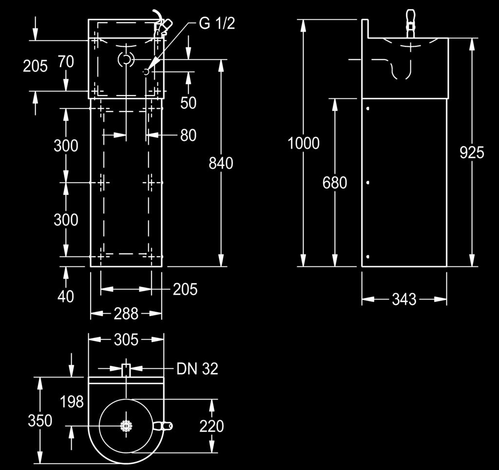 Bateria przyciskowa DN 15. Odpływ sitkowy 1 ¼ w komplecie z syfonem DN 32.
