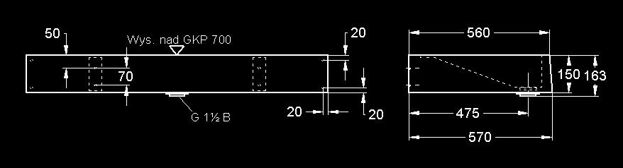 Szerokość umywalek 1200 2100 mm, głębokość 570 mm, wysokość (bez nóg) 163 mm, wysokość okalającego fartucha 150 mm.