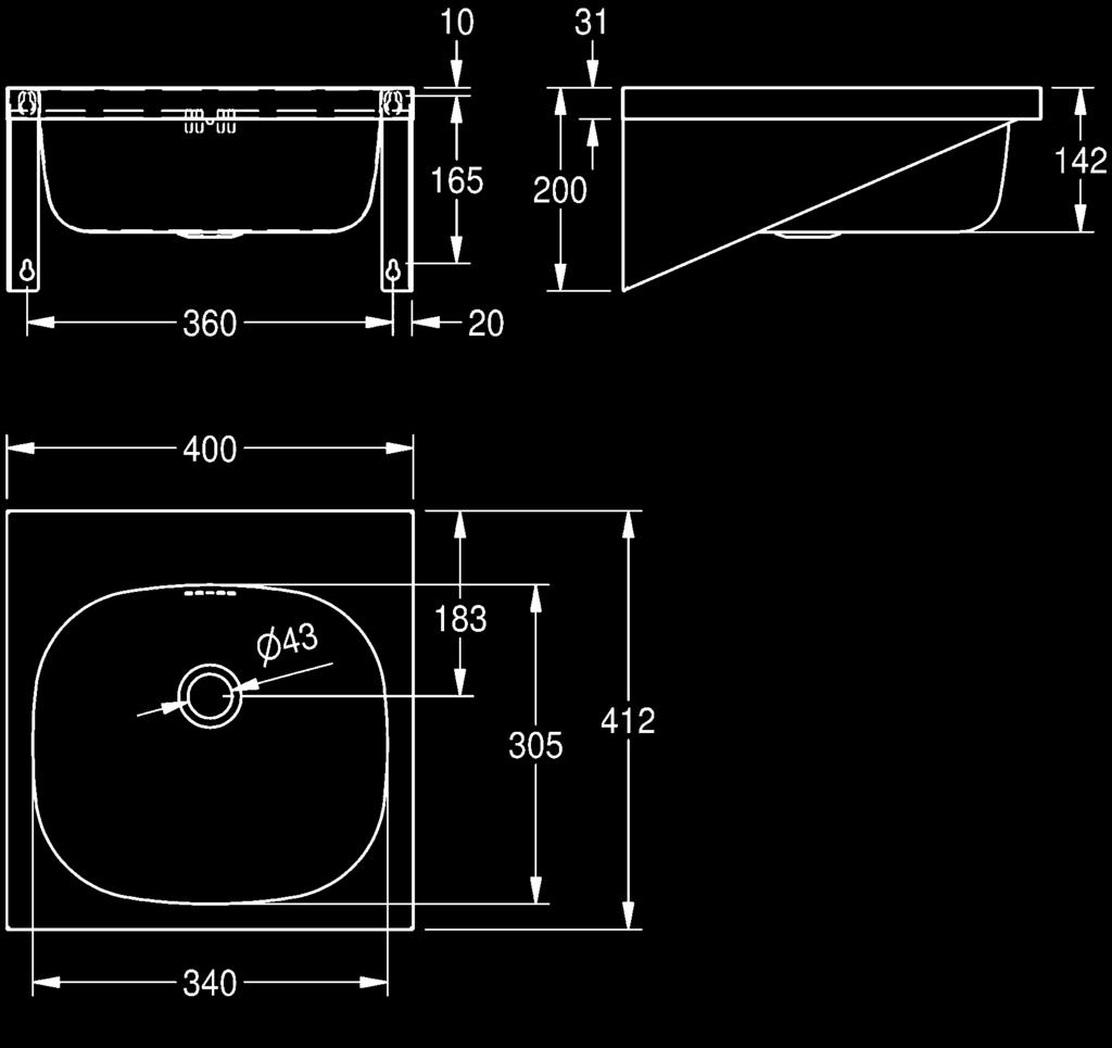 ): 340 142 305 mm WT400A 7612210001000 z otworem Ø 35 mm na armaturę WT400A M 7612210045868 Akcesoria Nasadzana ścianka tylna, stal szlachetna. Wymiary (szer. wys.