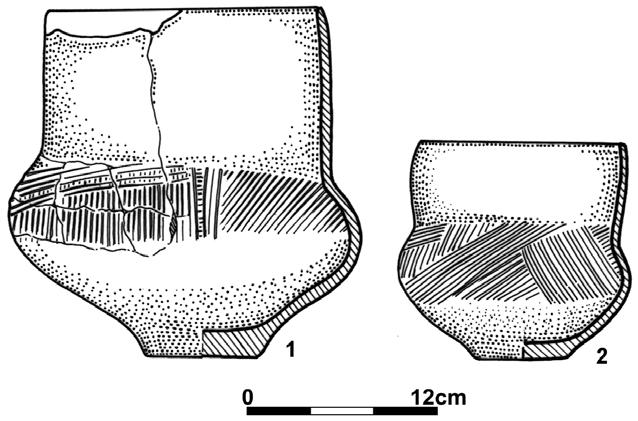 Fig. 16. Vessels formed by a single potter: 1, 2 Bielsko, Opole Lubelskie district, site 1, burials 3, 20 (according to unpublished drawings by W. Misiewicz) (re-drawn by T. Demidziuk) Ryc. 16. Naczynia wykonane ręką jednego garncarza: 1, 2 Bielsko, pow.