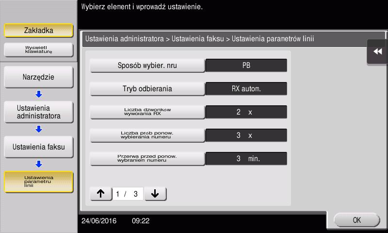 3.3 Funkcja faksu 3 Wybór sposobu wybierania numeru 1 Dotknąć [Narzędzie], wybrać [Ustawienia administratora] - [Ustawienia faksu] - [Ustawienie parametrów linii]. 2 Dotknąć [Sposób wybier. nru].