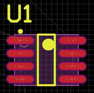 Klikamy teraz na jednym z dostępnych do zamiany wyprowadzeń mikrokontrolera U2, a następnie na innym, co spowoduje, że połączenia zostaną zamienione ze sobą miejscami.
