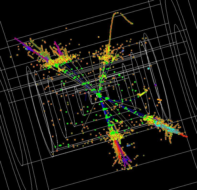 A simulation of what the decay of a Z+Higgs to four