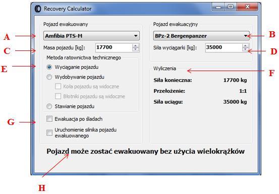 RecoveryCalculator uwzględnia wszystkie metody ratownictwa technicznego (wydobywanie, wyciąganie lub stawianie) oraz czynniki ułatwiające realizację zadań ratownictwa technicznego (ewakuację po