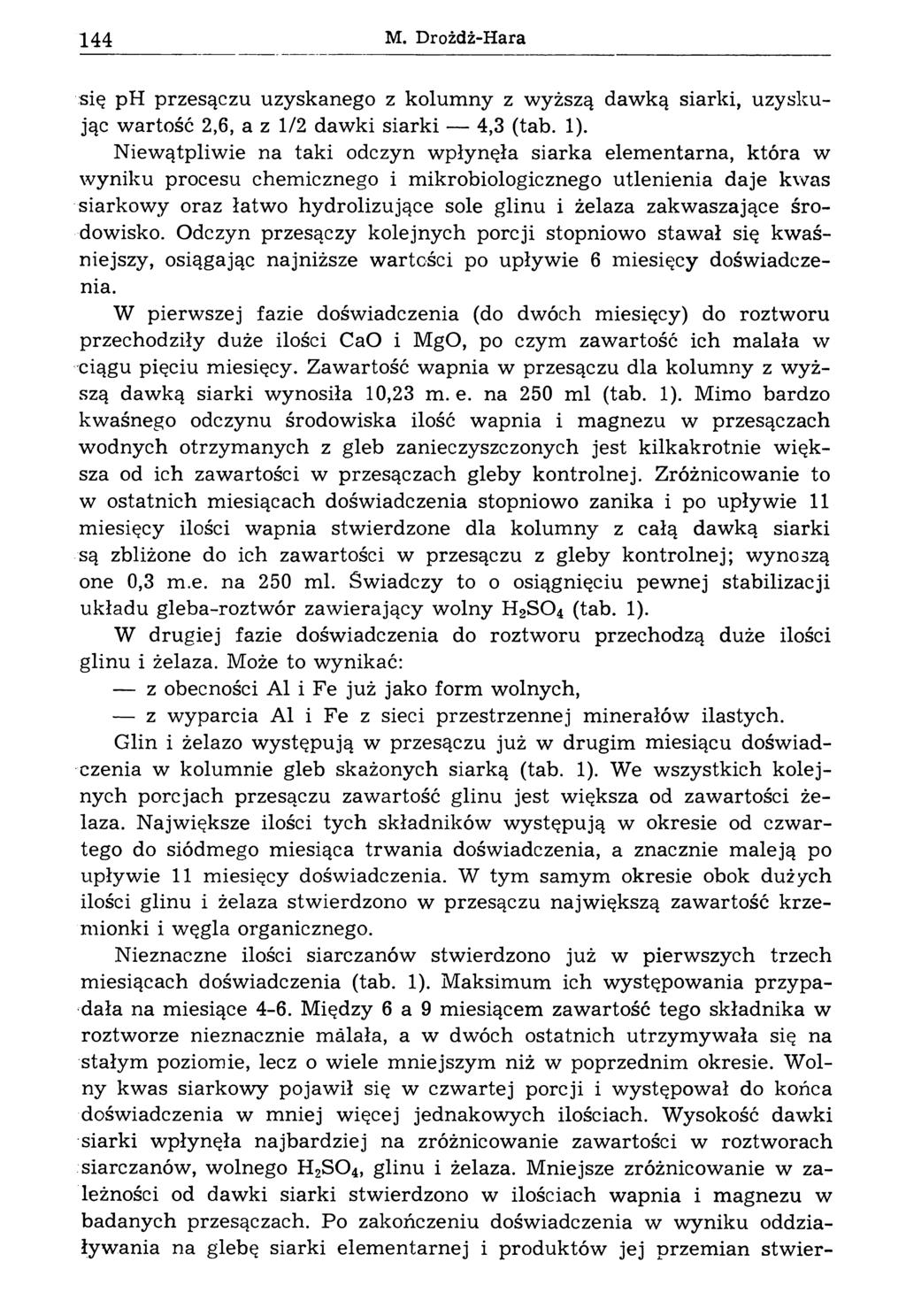 144 M. Drożdż-Hara się ph przesączu uzyskanego z kolumny z wyższą dawką siarki, uzyskując wartość 2,6, a z 1/2 dawki siarki 4,3 (tab. 1).