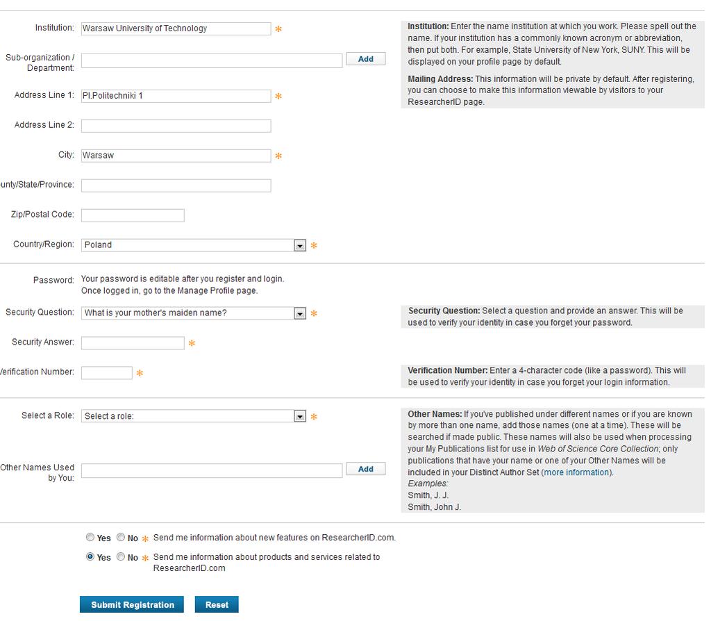 Rejestracja w ResearcherID Po aktywacji pojawi się kolejny formularz, którzy należy wypełnić.