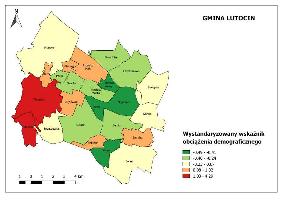 Mapa 3: Wystandaryzowany wskaźnik obciążenia demograficznego Najwyższy wskaźnik obciążenia demograficznego,