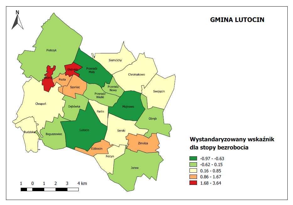 Mapa 6: Wystandaryzowany wskaźnik dla stopy bezrobocia Najwyższy wskaźnik dla stopy bezrobocia, wynoszący 3,64,