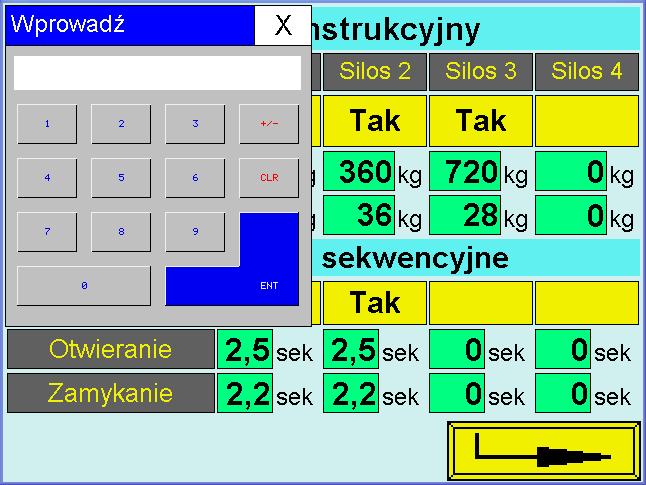 Wartość tą, należy określić doświadczalnie. Jak wyżej pokazano, klapa dla silosu 1 zamknie się przy 327 kg.