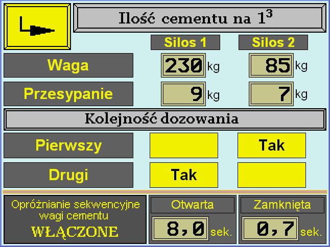 Rys. 10 Ustawienia dotyczące cementu. Podobne okno otwieramy dla ustawienia danych dotyczących dozowania cementu w mieszance rys. 10. Można dokonać ustawień ilości i kolejności dozowania cementu.