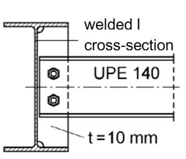 dwuteowy przekrój spawany CE 140 t = 10 mm Rysunek 3: Belki główne połączone belkami usztywniającymi (tężnikami) i szczegół połączenia (źródło: [2]) Celem tego przykładu jest pokazanie: - jak