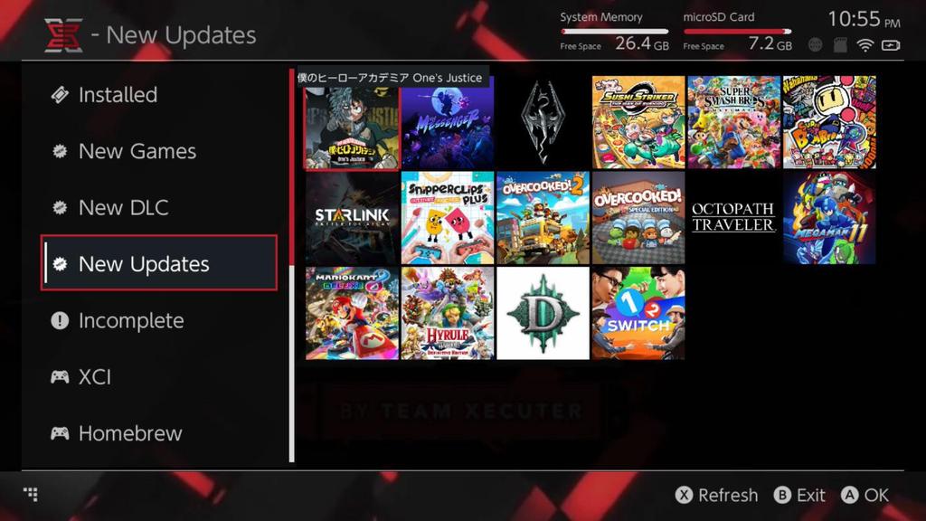Kategorie New Games, New DLC, oraz New Updates pokażą tylko zawartość która NIE jest zainstalowana na karcie MicroSD, chyba że zmienimy filtr poprzez wciśnięcie prawego drążka.