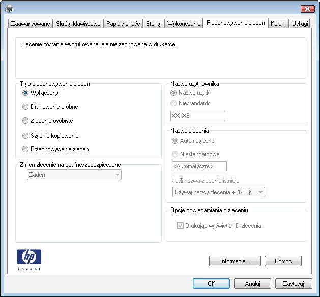 Przechowywanie zadań drukowania w pamięci urządzenia Tworzenie przechowywanego zadania (Windows) Istnieje możliwość przechowywania zleceń w urządzeniu, co umożliwia ich drukowanie w dowolnym