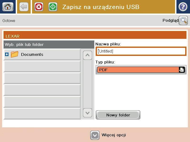 2. Na ekranie głównym panelu sterowania urządzenia przewiń i dotknij przycisku Zapisz na USB. UWAGA: Po wyświetleniu monitu podaj nazwę użytkownika i hasło. 3.