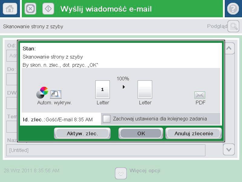 8. Dotknij przycisku Start, aby rozpocząć wysyłanie. UWAGA: Urządzenie może wyświetlić monit o dodanie adresu e-mail do książki adresowej.