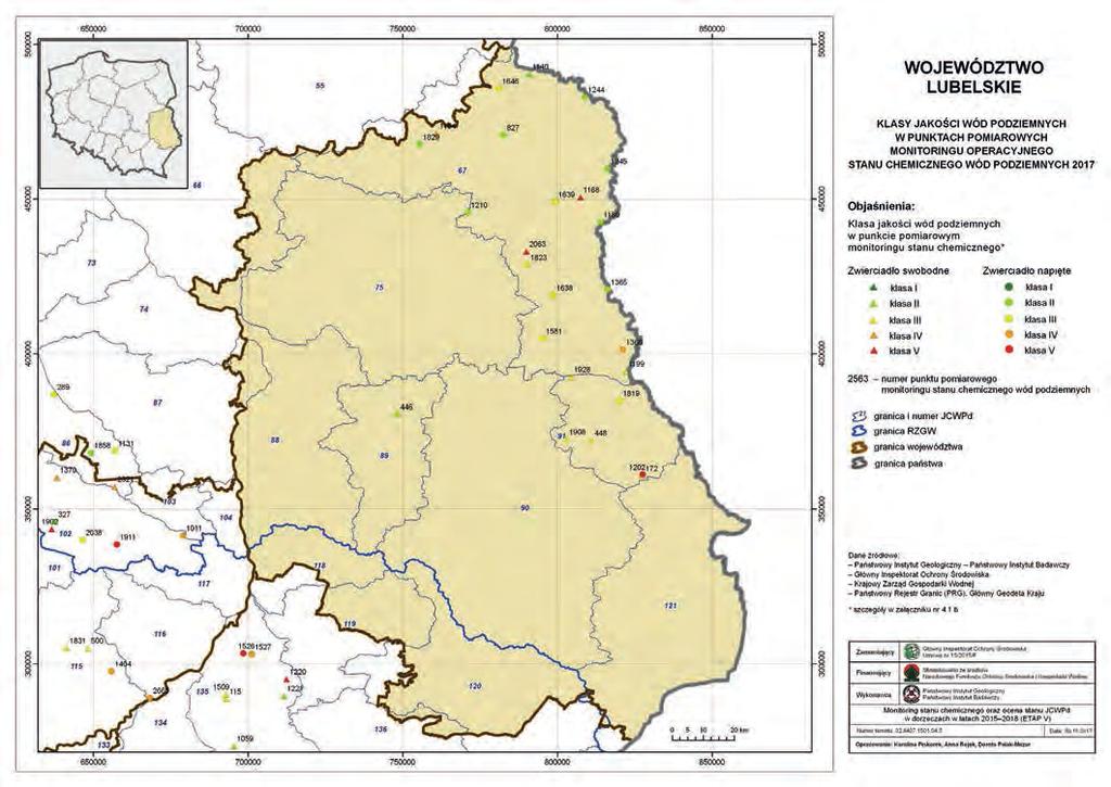 RAPORT O STANIE ŚRODOWISKA WOJEWÓDZTWA LUBELSKIEGO W 2017 ROKU Mapa 20. Klasy jakości wód podziemnych w punktach pomiarowych monitoringu operacyjnego sieci krajowej badanych w 2017 r. na terenie woj.