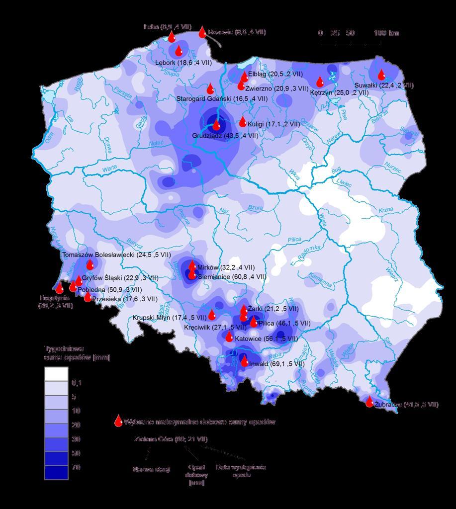 3. Rozkład tygodniowej sumy opadów oraz wybrane