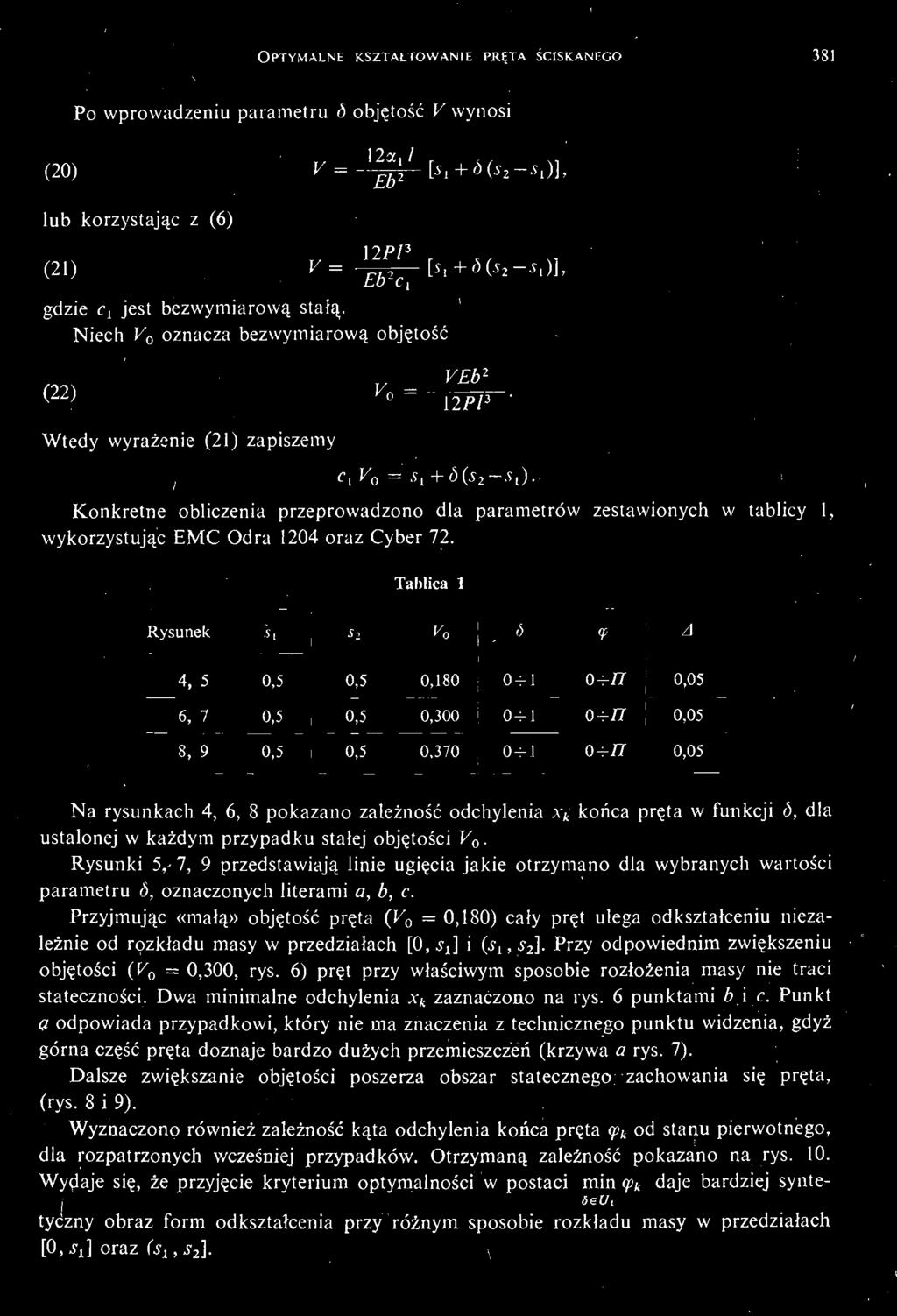 OPTYMALNE KSZTAŁTOWANIE PRĘ TA Ś CISKANEGO 3S1 Po wprowadzeniu parametru ó obję tość V wynosi (20) V = 12a,/ Eb 2 [*i+a(łjt*i)], lub korzystając z (6) (21) 1277 3 v= к + 5(5, 5,)], gdzie Ci jest
