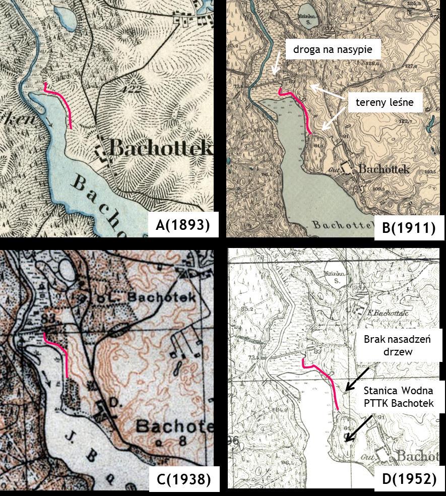 Ryc. 86. Stanowisko Bachotek na archiwalnych mapach topograficznych z roku 1893(A), 1911(B), 1938(C) oraz 1952(D).