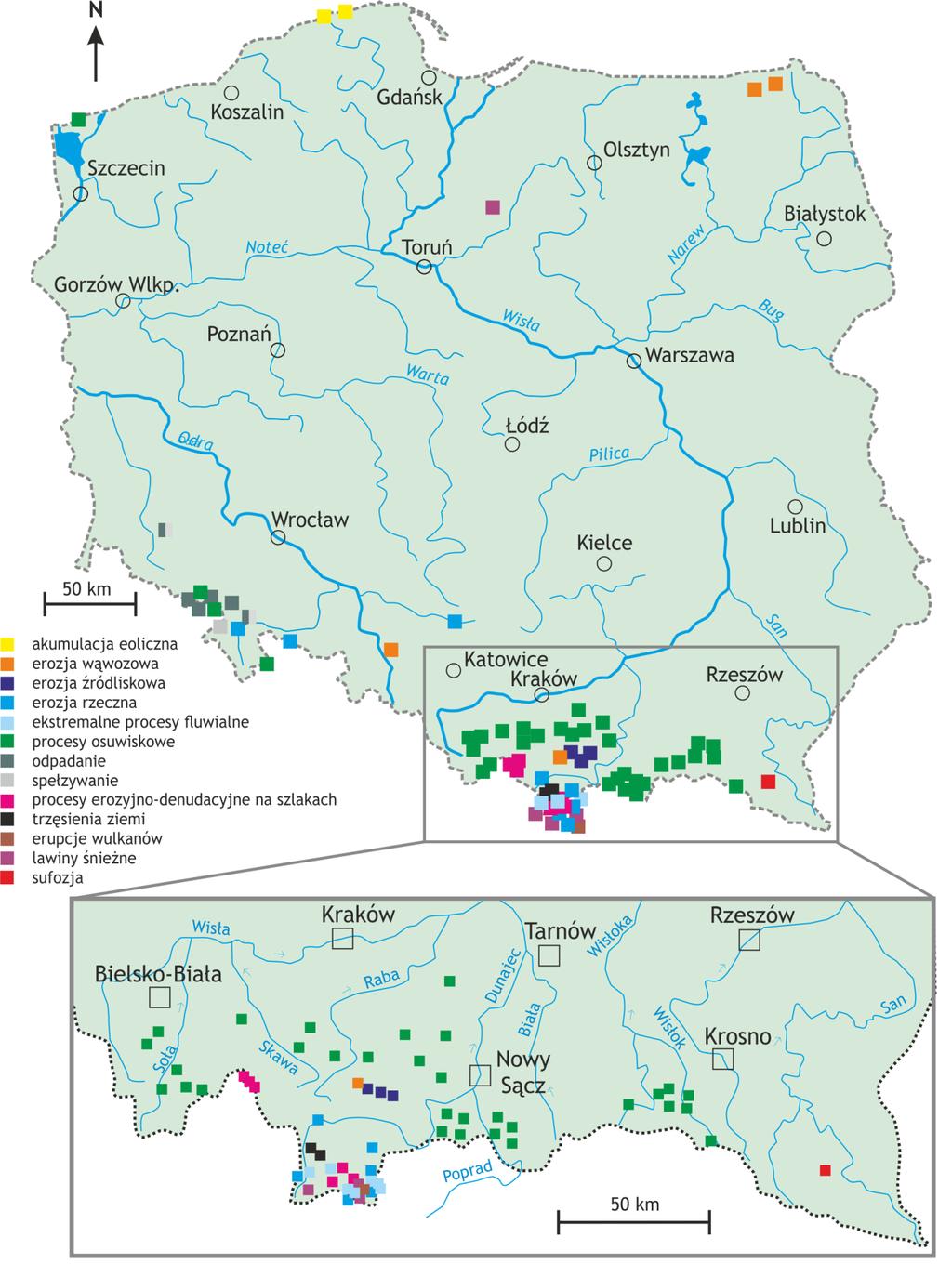 Ryc. 2. Zastosowanie metody dendrochronologicznej w geomorfologii z podziałem na badany proces morfogenetyczny.
