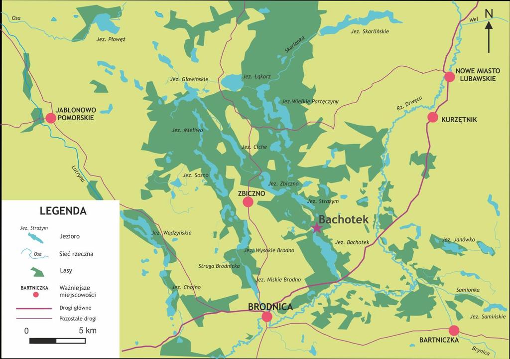 Ryc. 14. Pojezierze Brodnickie z zaznaczonymi obszarami leśnymi oraz siecią hydrograficzną z lokalizacją stanowiska badawczego Bachotek (fioletowa gwiazdka) 8.6.