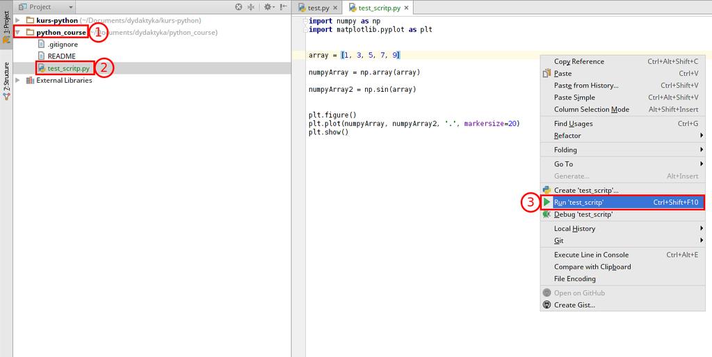 Figure 15: Konfiguracja dodawania projektu Gdy załaduje się projekt z naszego repozytorium otwórzmy plik test_script.py. Plik ten zawiera testowy kod, który wykorzystuje biblioteki NumPy i Matplotlib.