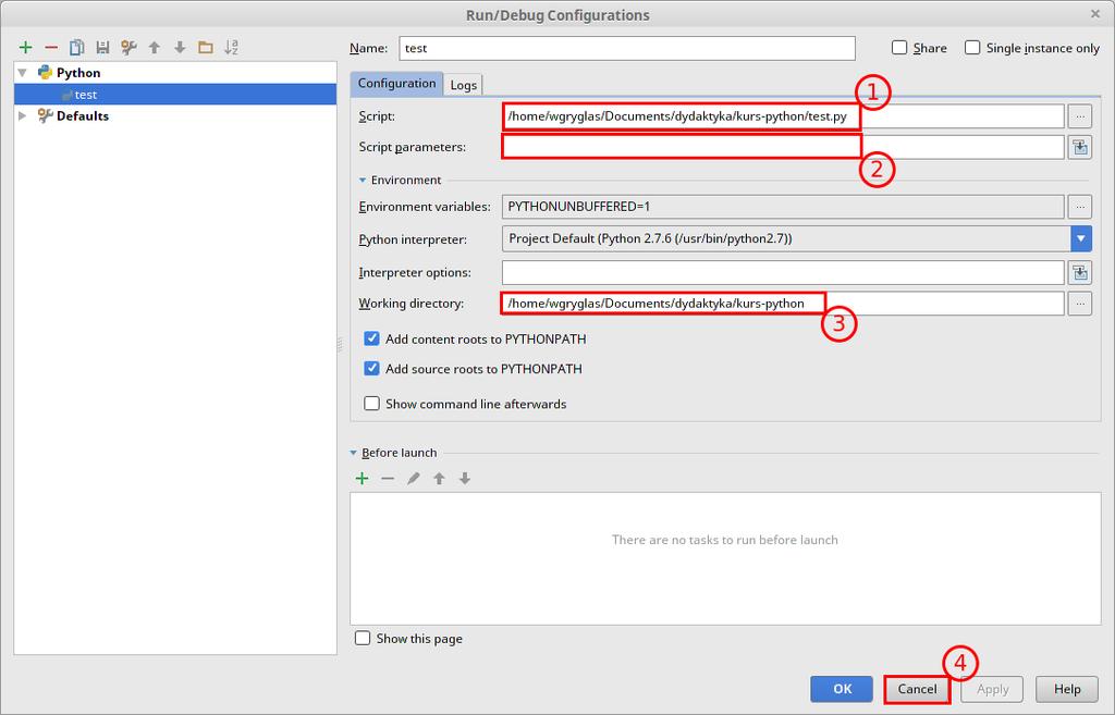 Na koniec jeszcze zobaczmy co zawiera konfiguracja uruchomieniowa naszego pliku test.py. Aby otworzyć okno jej edycji należy wybrać opcję Edit configuration z rozwijanego menu (rysunek).