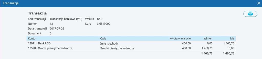 Poprawność transakcji i zgodność wartości możesz sprawdzić klikając w górnym prawym rogu ikonę Transakcja.
