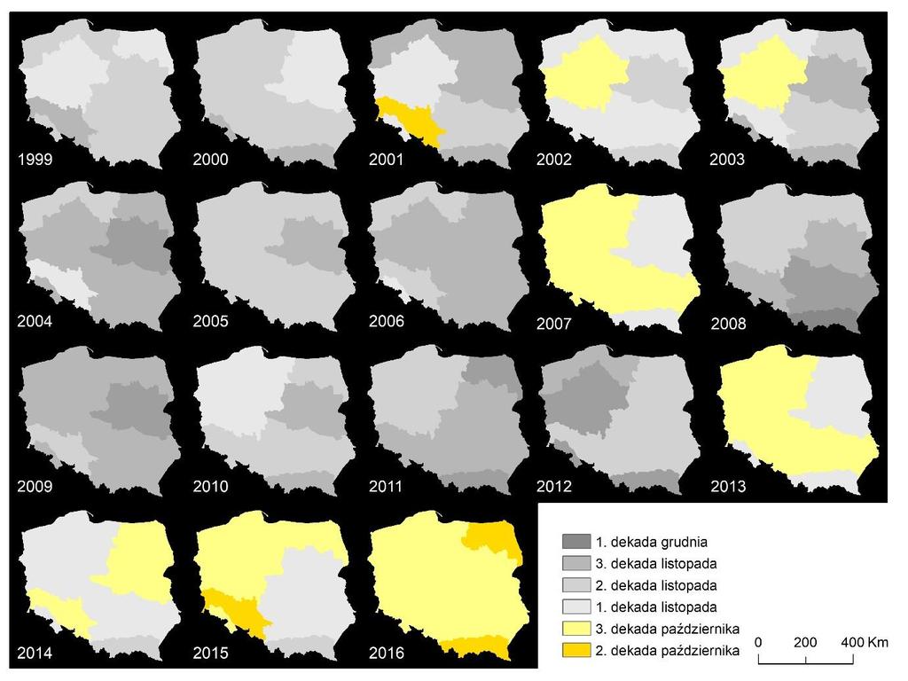 18 Maciej Bartold NDVI z dwóch lat były zestawiane z rokiem 2014, w którym to wegetacja rozpoczęła się już w pierwszych dniach kwietnia i odnotowano wzrost i rozwój lasów na poziomie NDVI = 0,6.