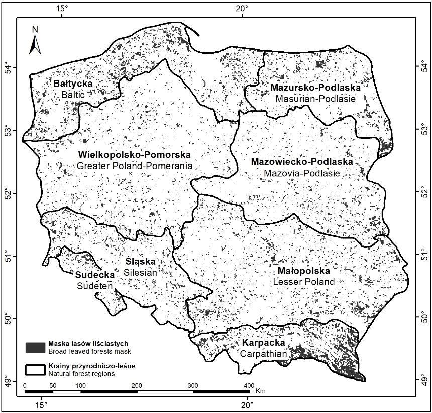 Wyznaczanie początku i końca okresu wegetacyjnego lasów 11 Ryc. 1. Maska 50% lasów liściastych na tle krain przyrodniczo-leśnych Fig. 1. Broad-leaved forests mask at 50% overlaid natural-forest regions Źródło Bartold (2016).