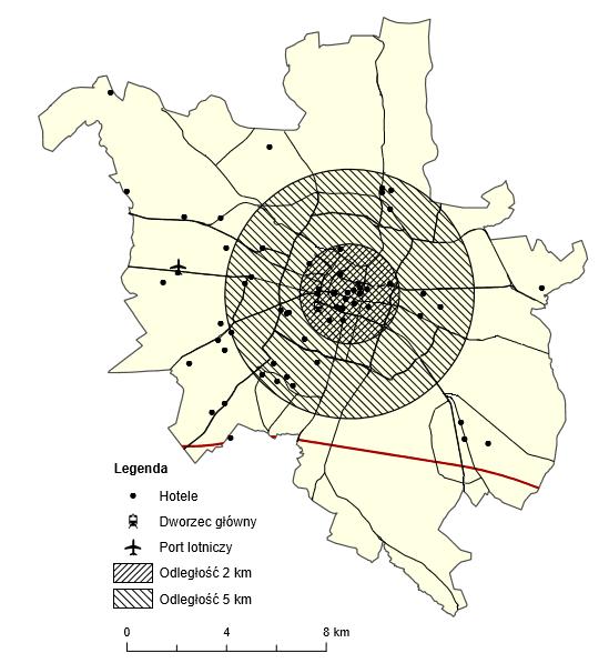 wyznacza granicę koncentracji tych obiektów, przeważająca część znajduje się na jej lewym brzegu.