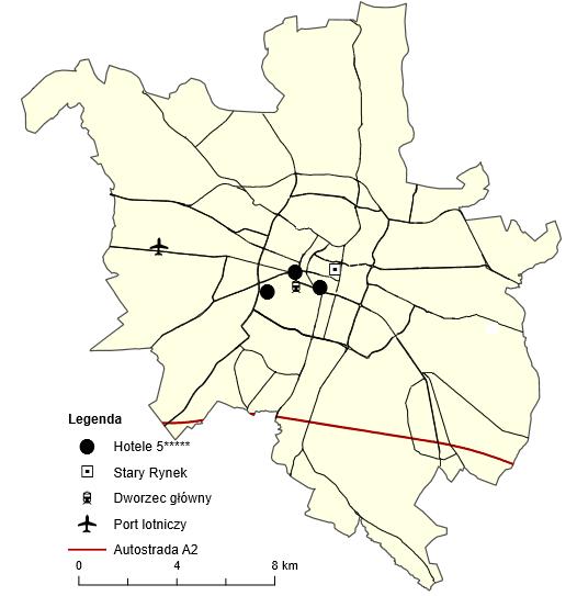rozmieszczenia hoteli w poznańskich dzielnicach.