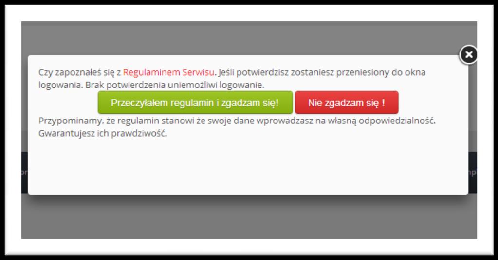 2. Otworzy się okno z prośbą o zaakceptowanie Regulaminu Serwisu www.wsrm.waw.pl 3. Należy zaakceptować Regulamin. Akceptacja Regulaminu spowoduje przeniesienie do właściwego okna logowania.