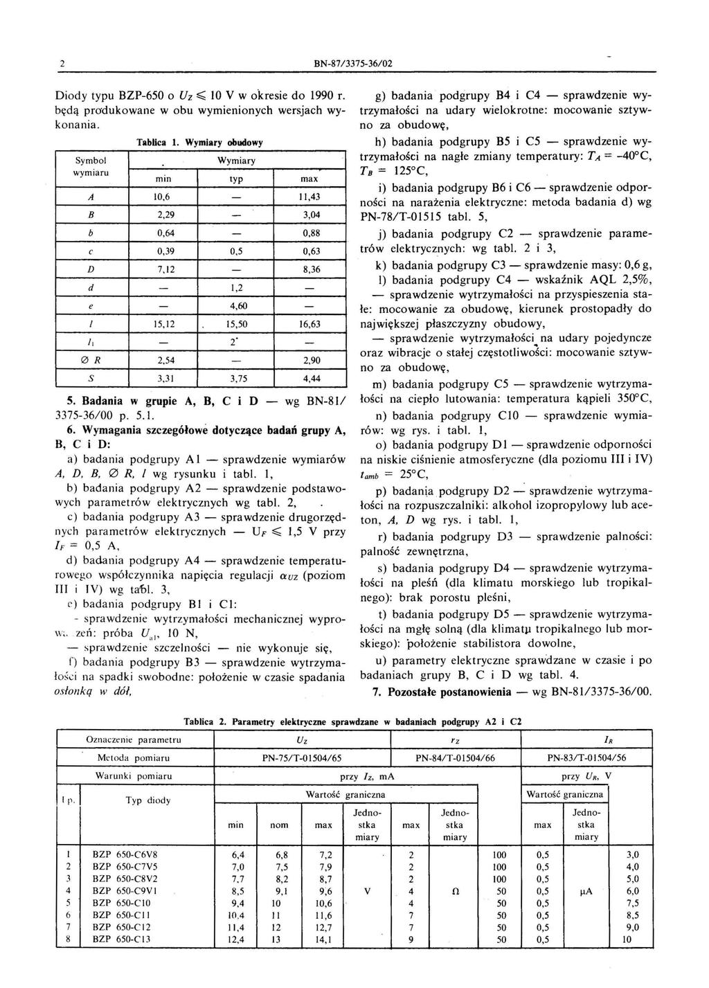 2 BN-87/3375-36/02 Diody typu BZP-6 o Uz 10 w okresie do 1990 r. będą produkowane w obu wymienionych wersjach wykonania. Symbol wymiaru TabUca l.