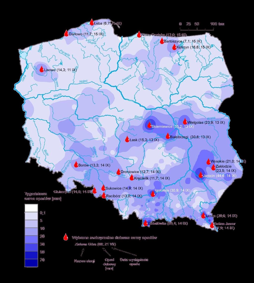 3. Rozkład tygodniowej sumy opadów oraz wybrane